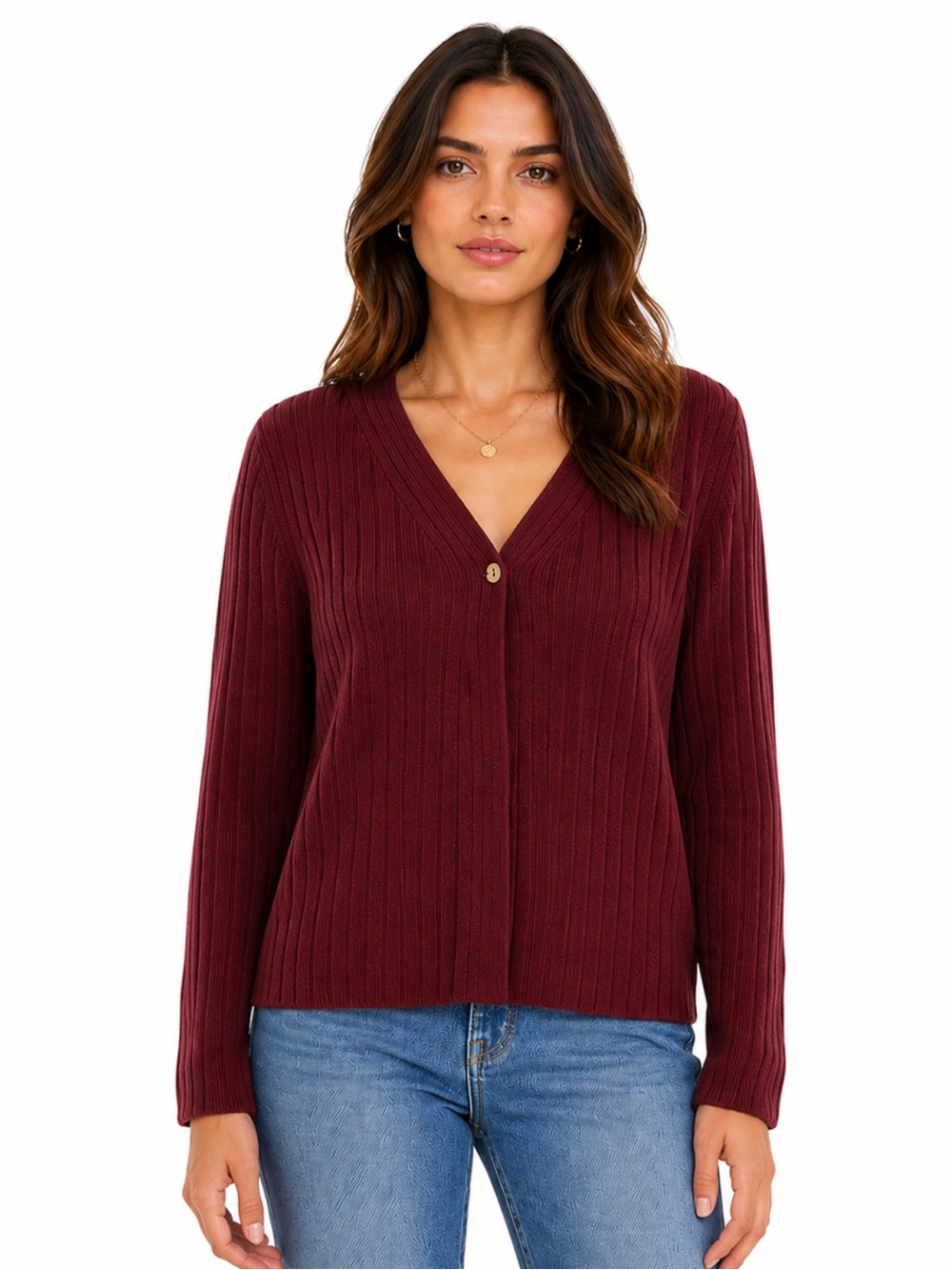 Jones New York Burgundy Ribbed V Neck Button Cardigan Sweater M